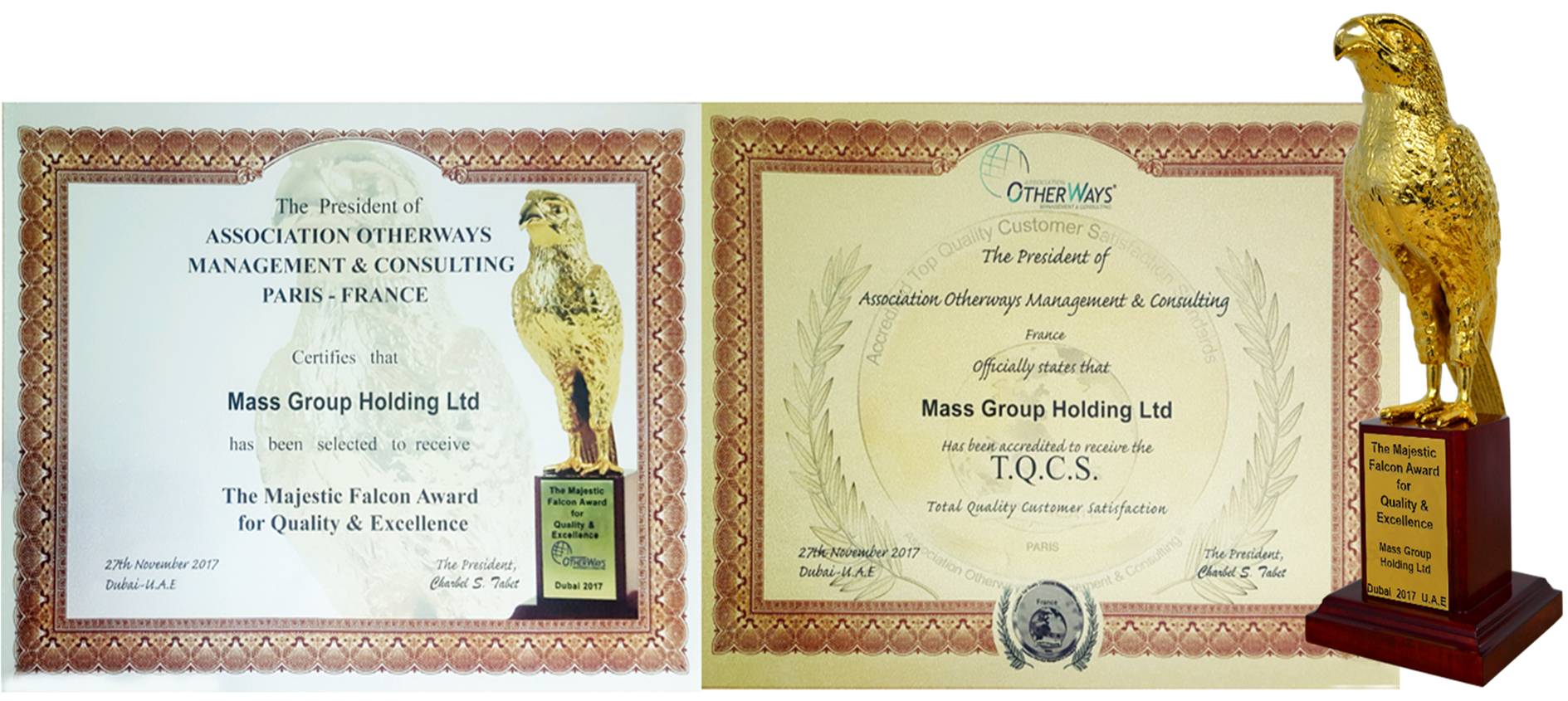 27/11/2017 - Mass Group Holding Ltd. received the Majestic Falcon Award 2017 for Quality and Excellence presented by the Otherways Association.